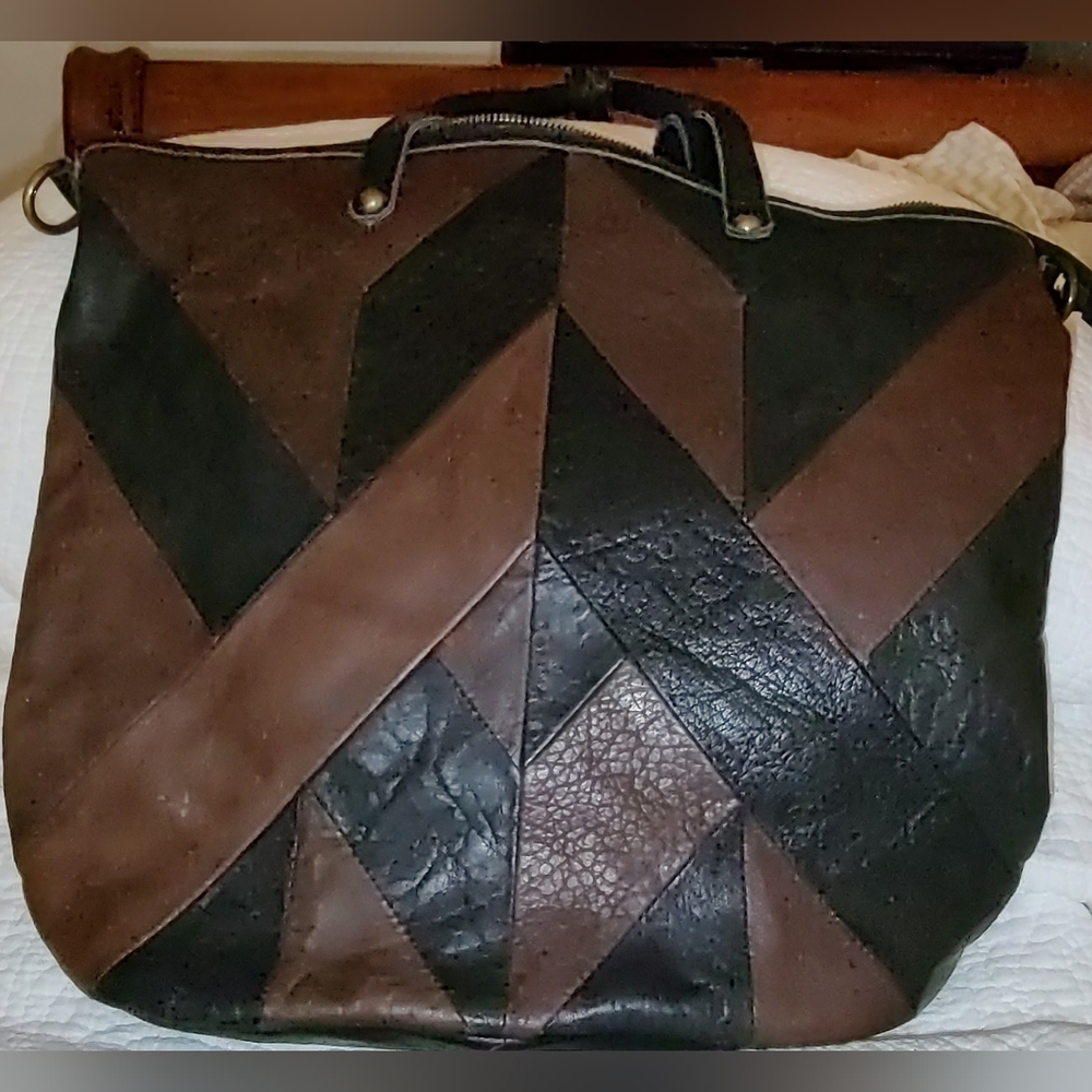 Lucky Brand Soft Brown & Black Leather Chevron Tote/Hobo Bag